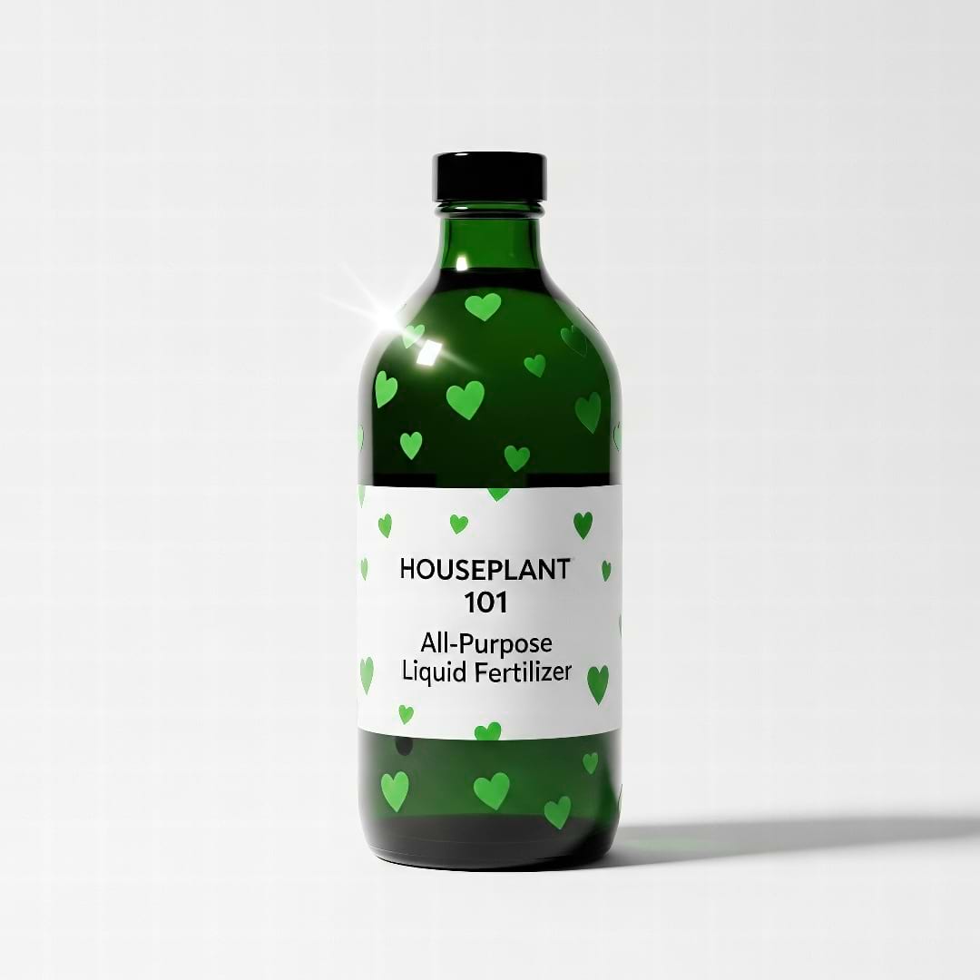 A branded bottle of Houseplant 101 All-Purpose Liquid Fertilizer.