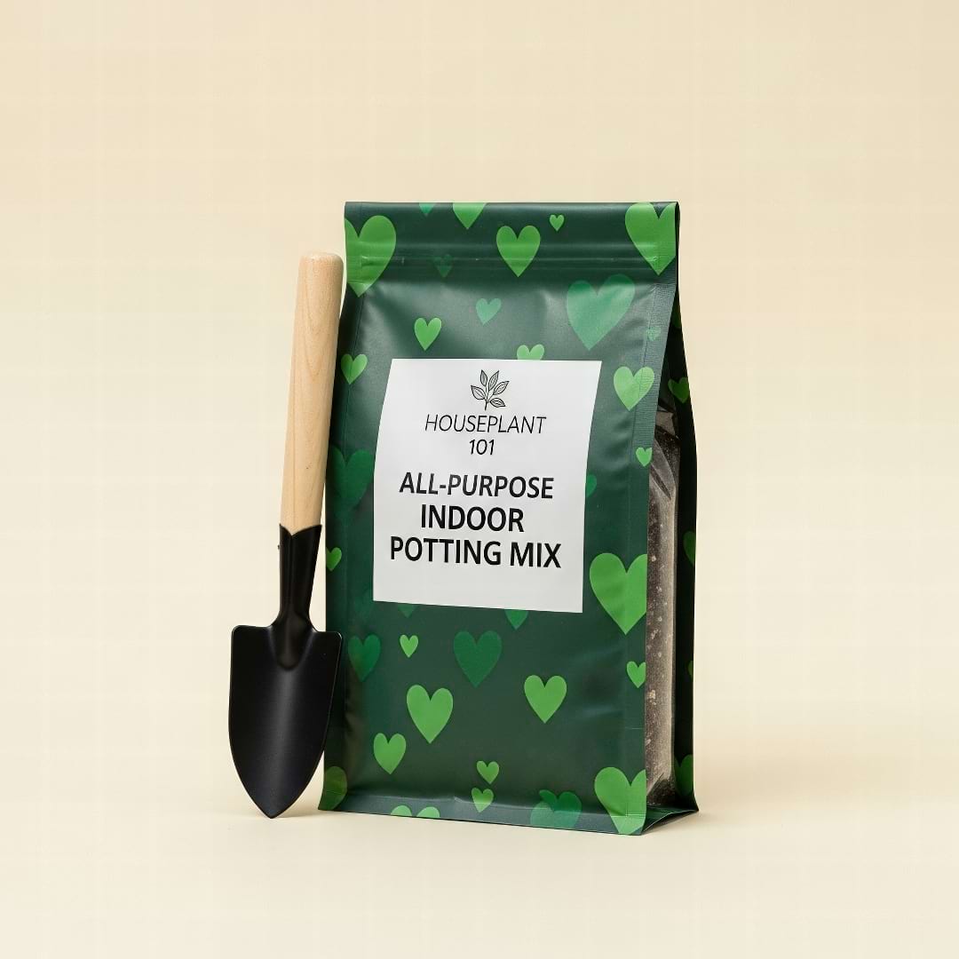 A branded bag of Houseplant 101 All-Purpose Indoor Potting Mix next to a small trowel.