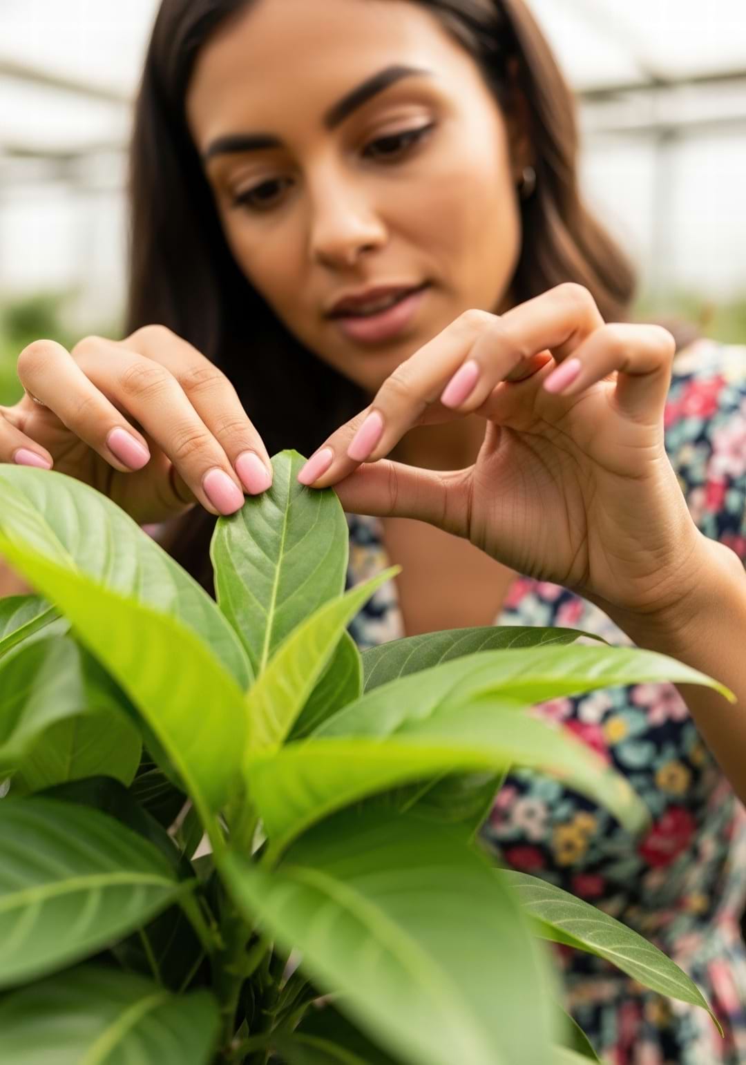 A person carefully inspecting the underside of a plant's leaf while at the nursery.