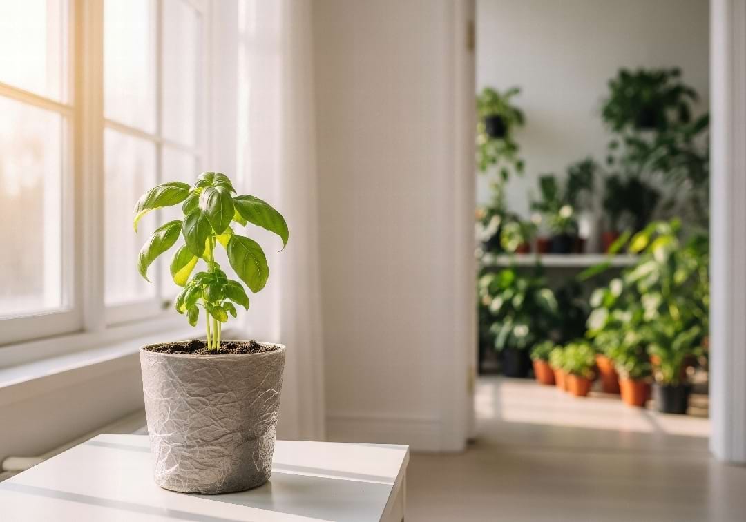 A single new plant sitting by itself on a table, separate from other plants in the background.