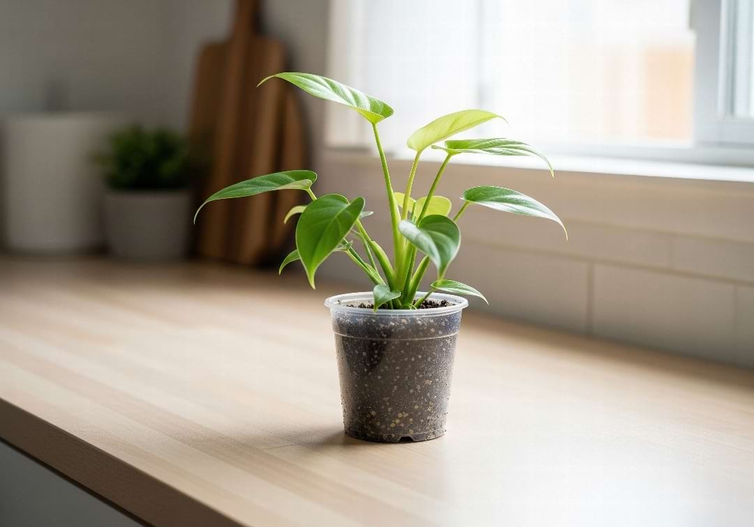 A new plant sitting peacefully on a countertop in its original nursery pot, acclimating to its new home.