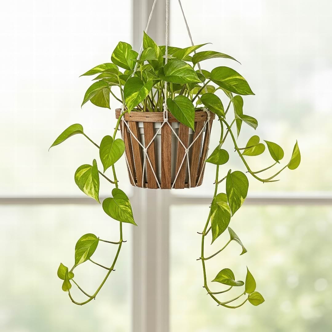 A Golden Pothos plant trailing its variegated vines from a shelf.