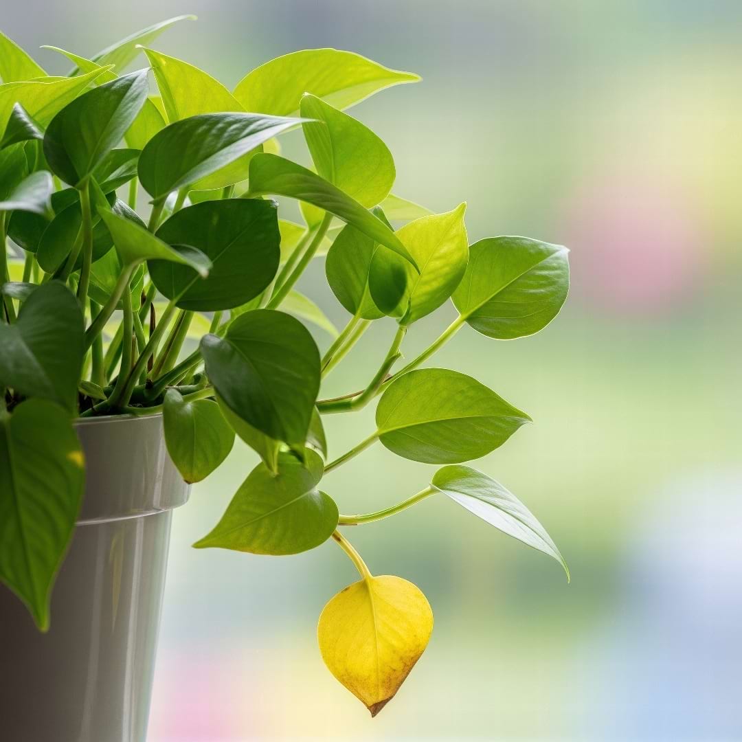 A healthy plant with just one single yellow leaf at the bottom.