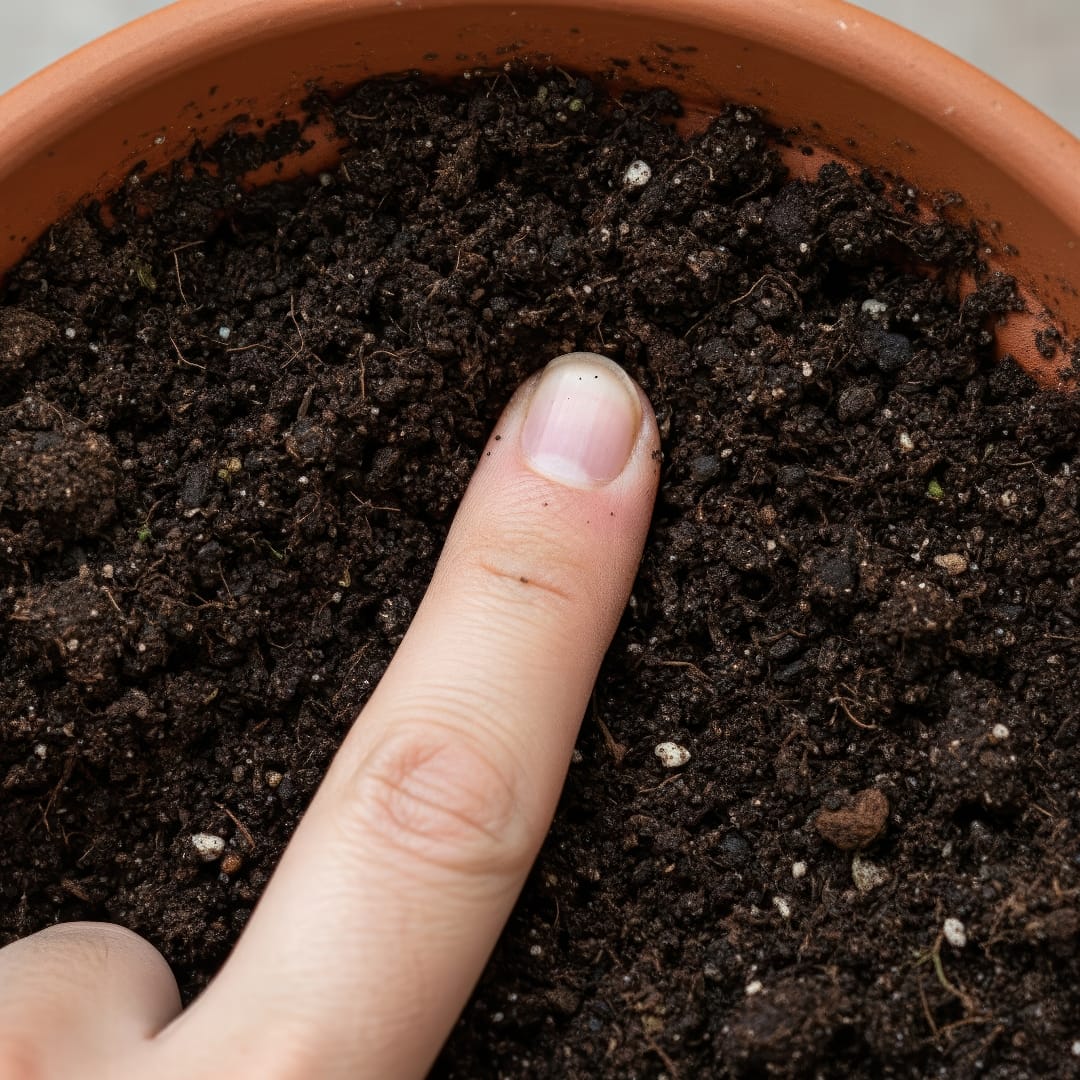 A close-up of a person's finger inserted into the soil of a potted plant to check for dryness.