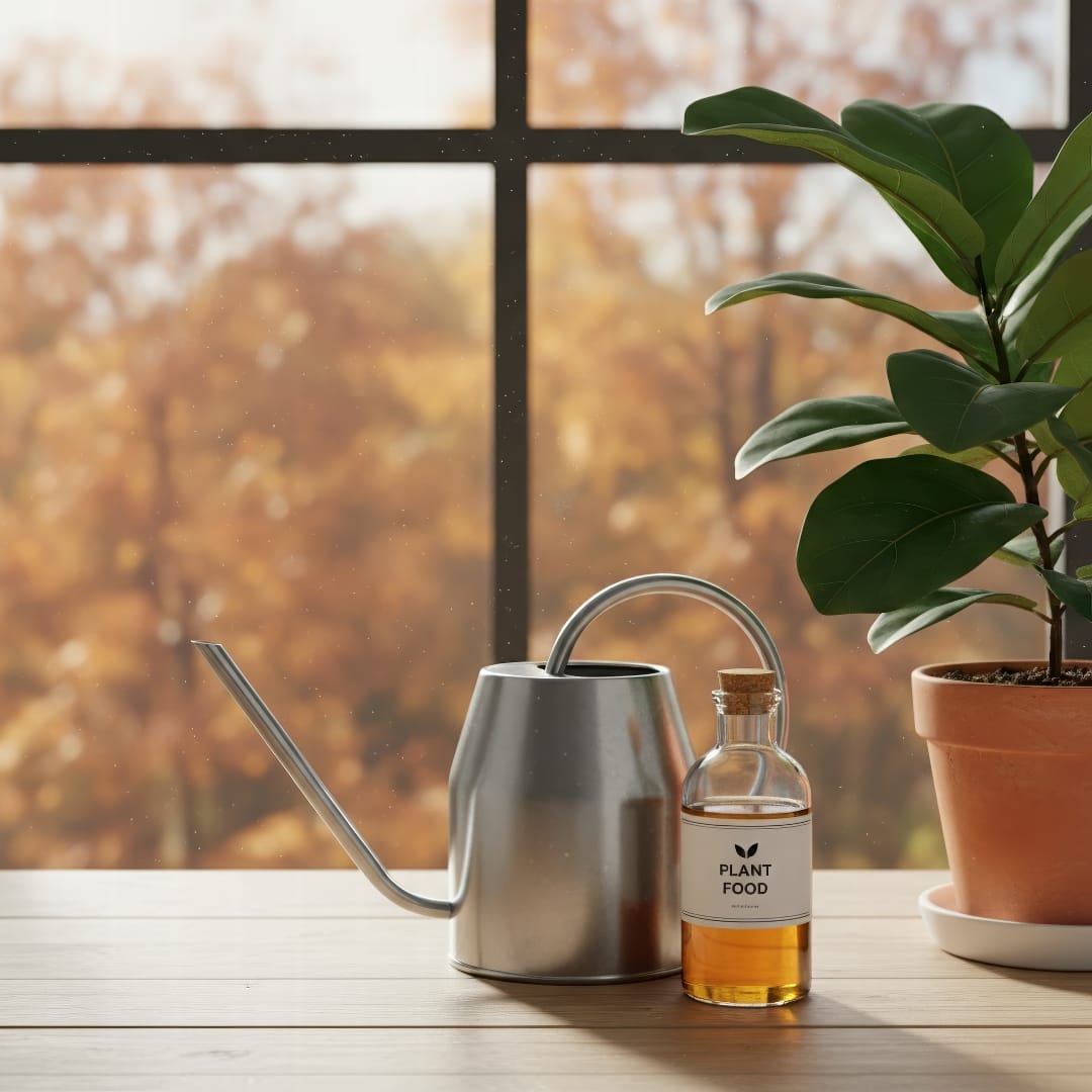 A stylish watering can and a bottle of liquid fertilizer sitting next to a potted plant with autumn leaves in the background.
