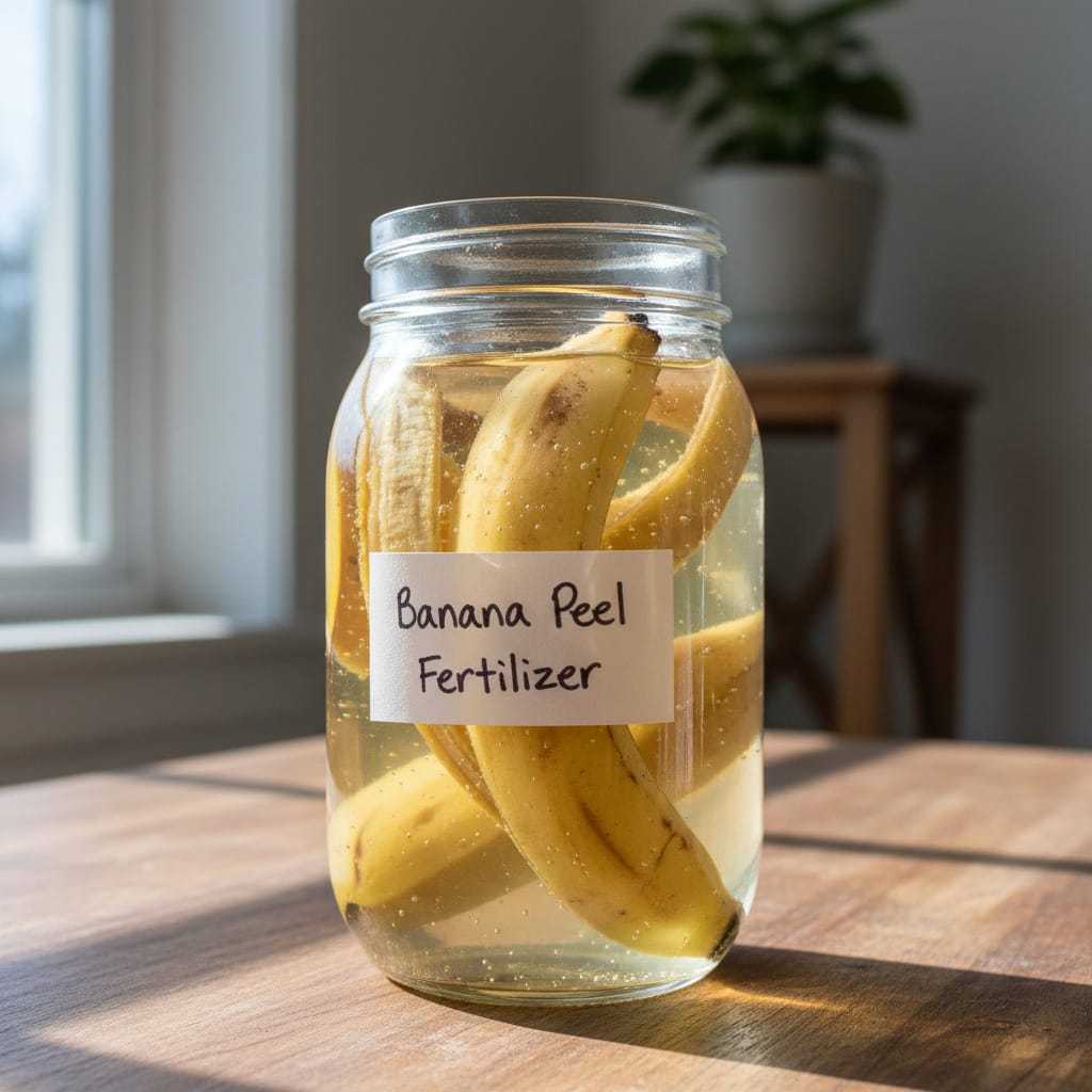Banana peels steeping in a clear glass jar of water to create a liquid fertilizer.