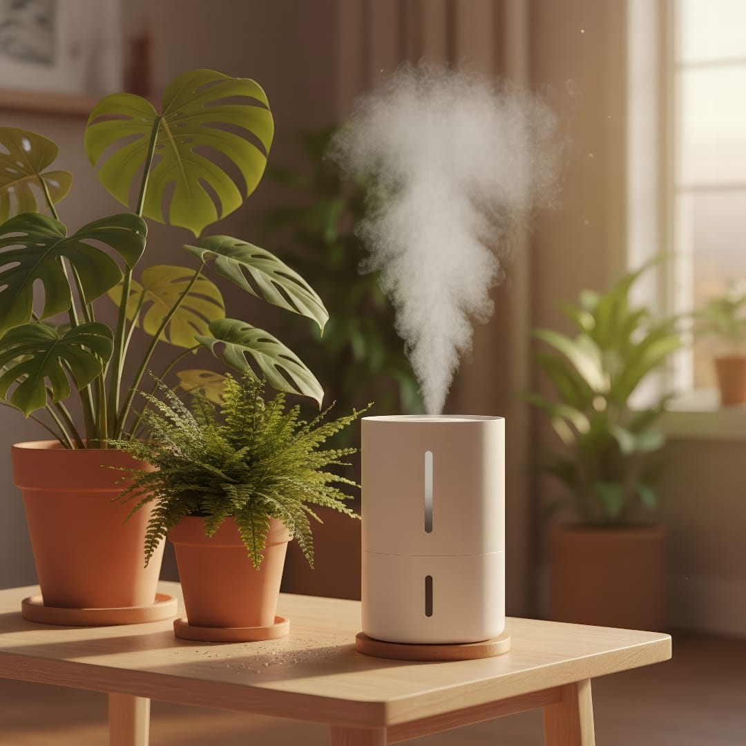 A small white humidifier running next to a group of lush green houseplants.