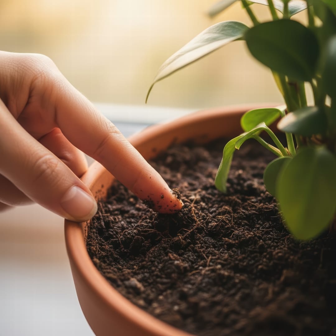A person's finger checking the soil moisture of a potted plant.