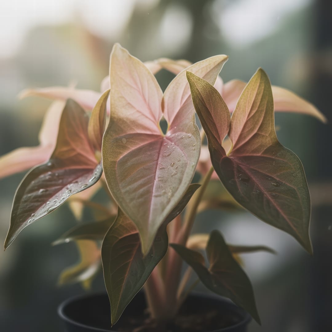 An Arrowhead Plant of the 'Autumn' variety, with leaves showing shades of pink, cream, and green.