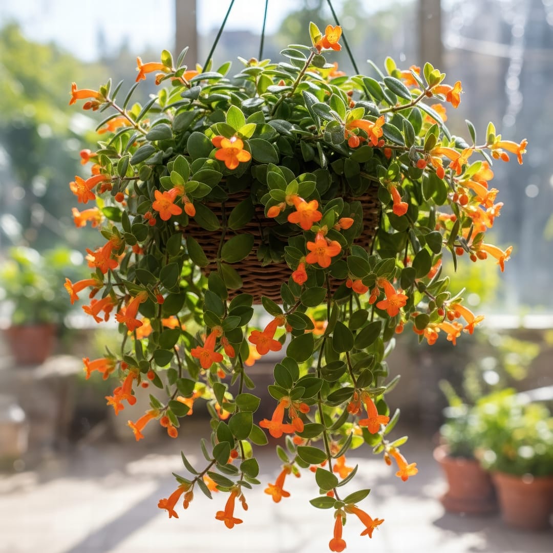 A trailing Goldfish Plant with its signature orange, fish-shaped flowers blooming.