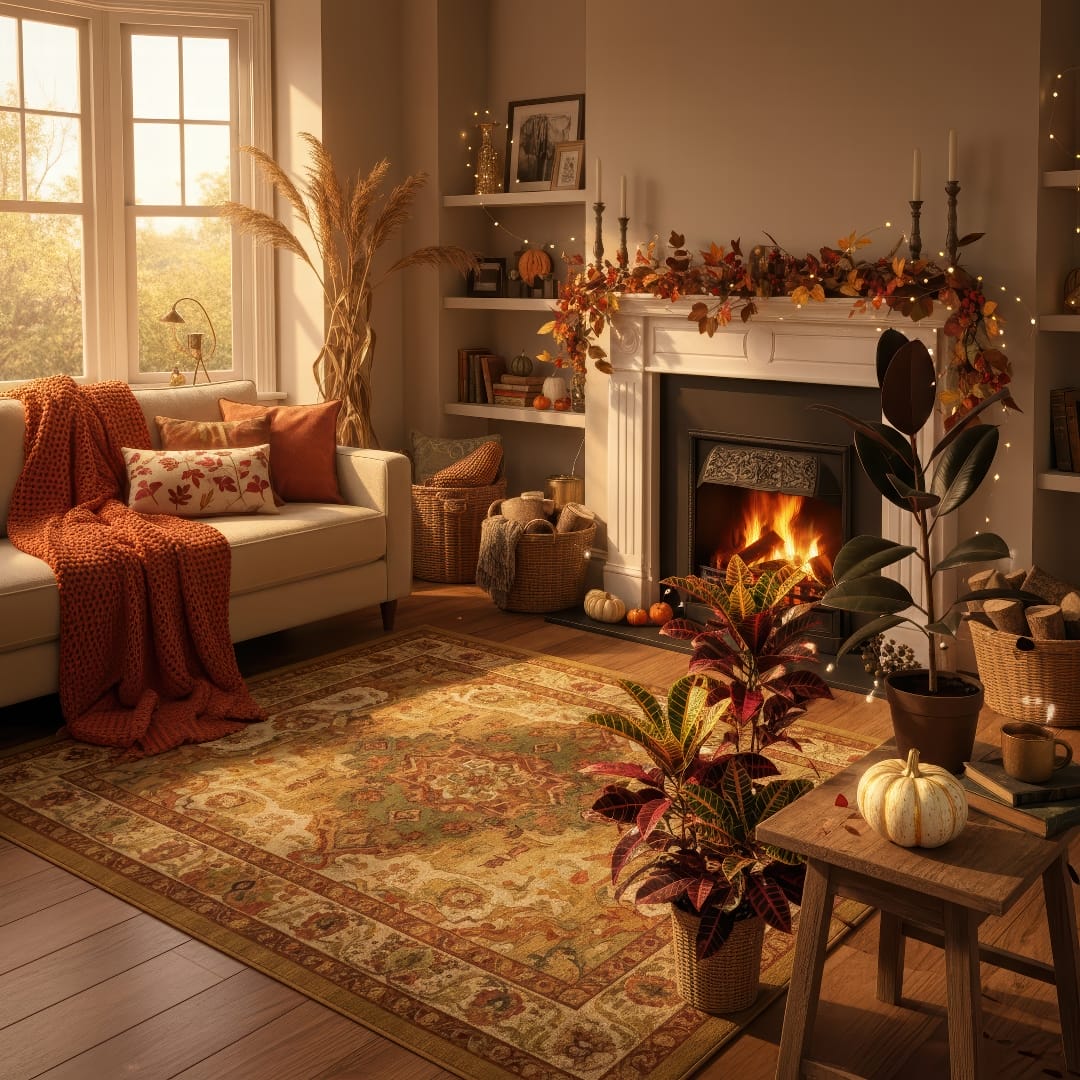 A cozy, sunlit living room decorated for fall with pumpkins, warm blankets, and houseplants like a vibrant croton and a dark rubber plant.