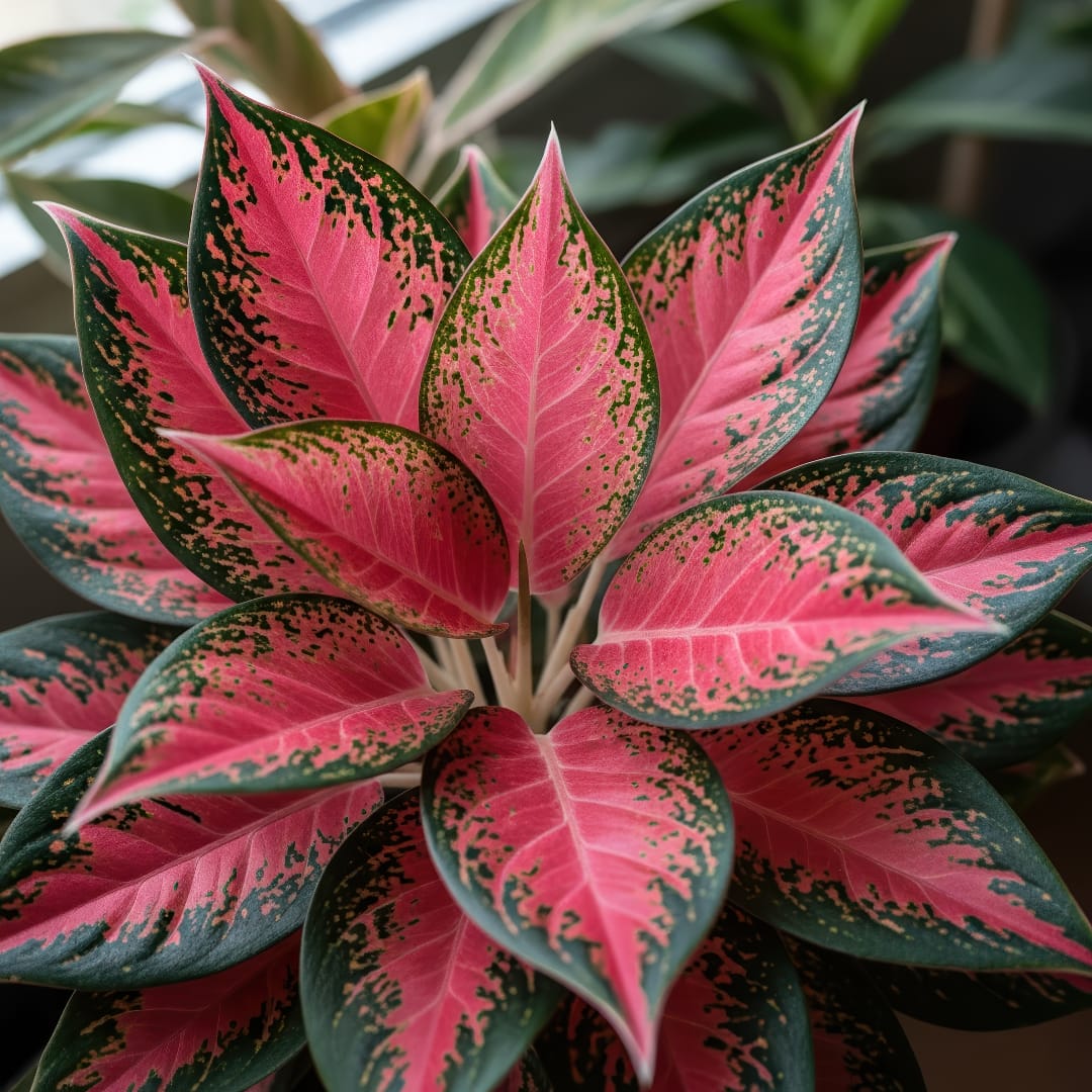 A Red Aglaonema plant with stunning red and pink markings on its green leaves.