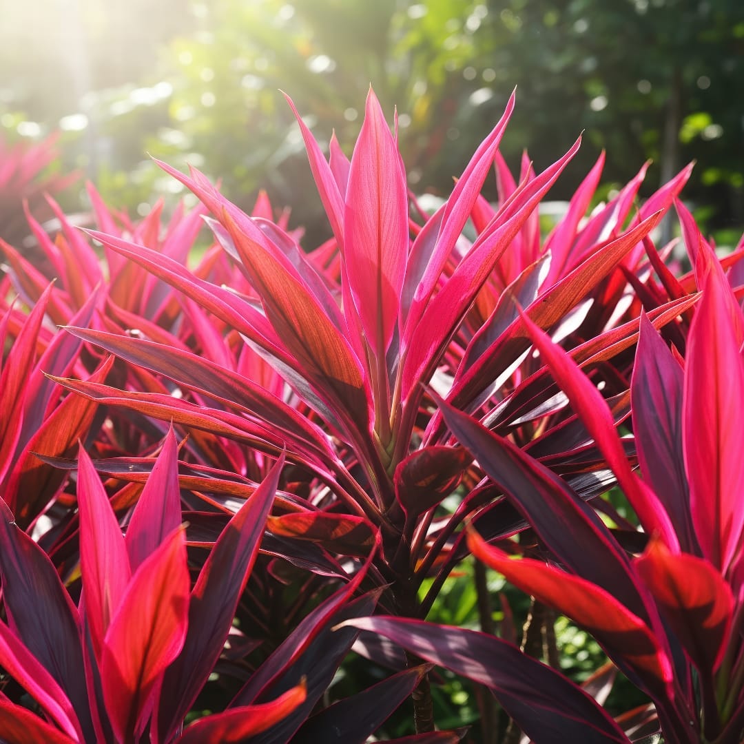 A vibrant Ti Plant with brilliant fuchsia and deep red leaves.