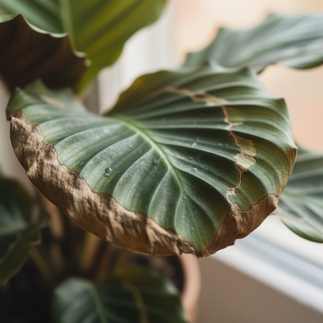 A close-up of a Calathea leaf with brown, crispy edges caused by low humidity.