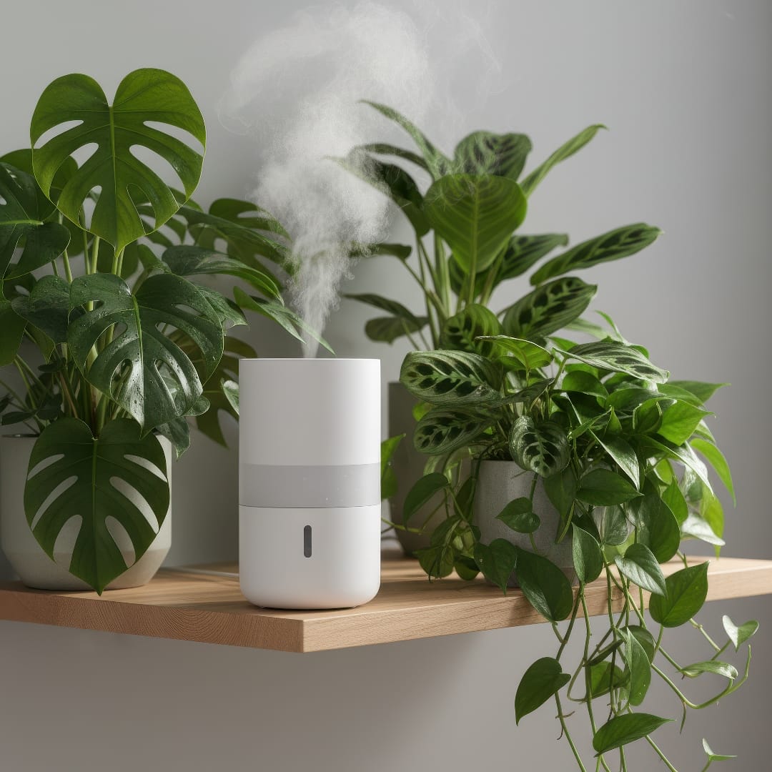 A small humidifier releasing gentle mist next to a group of houseplants on a shelf.