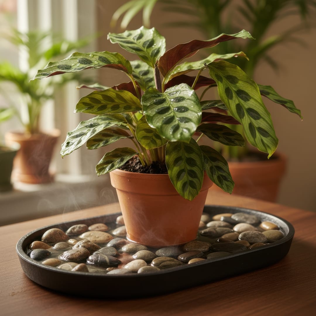 A decorative pebble tray filled with water beneath a small tropical houseplant.