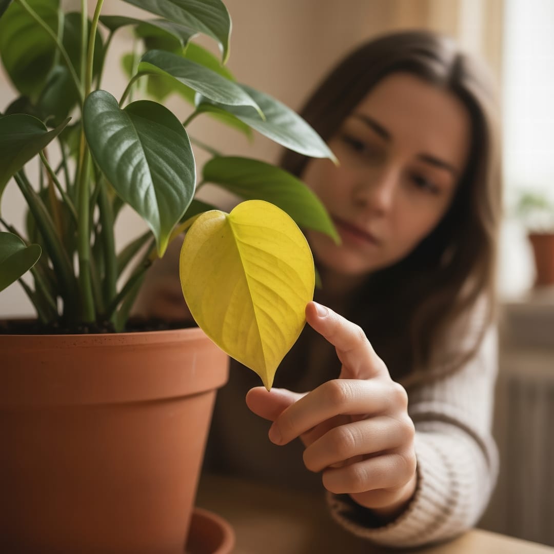 A person looking with concern at a houseplant that has a single, prominent yellow leaf.