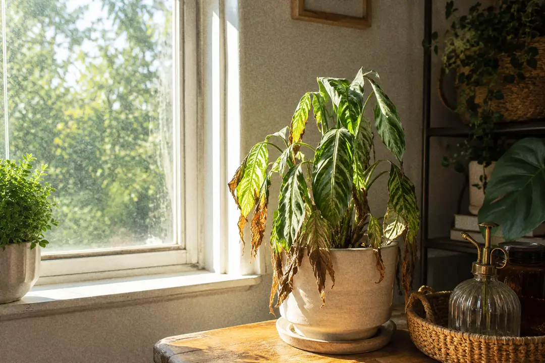 A wilting houseplant beside a sunny window during a summer heatwave.