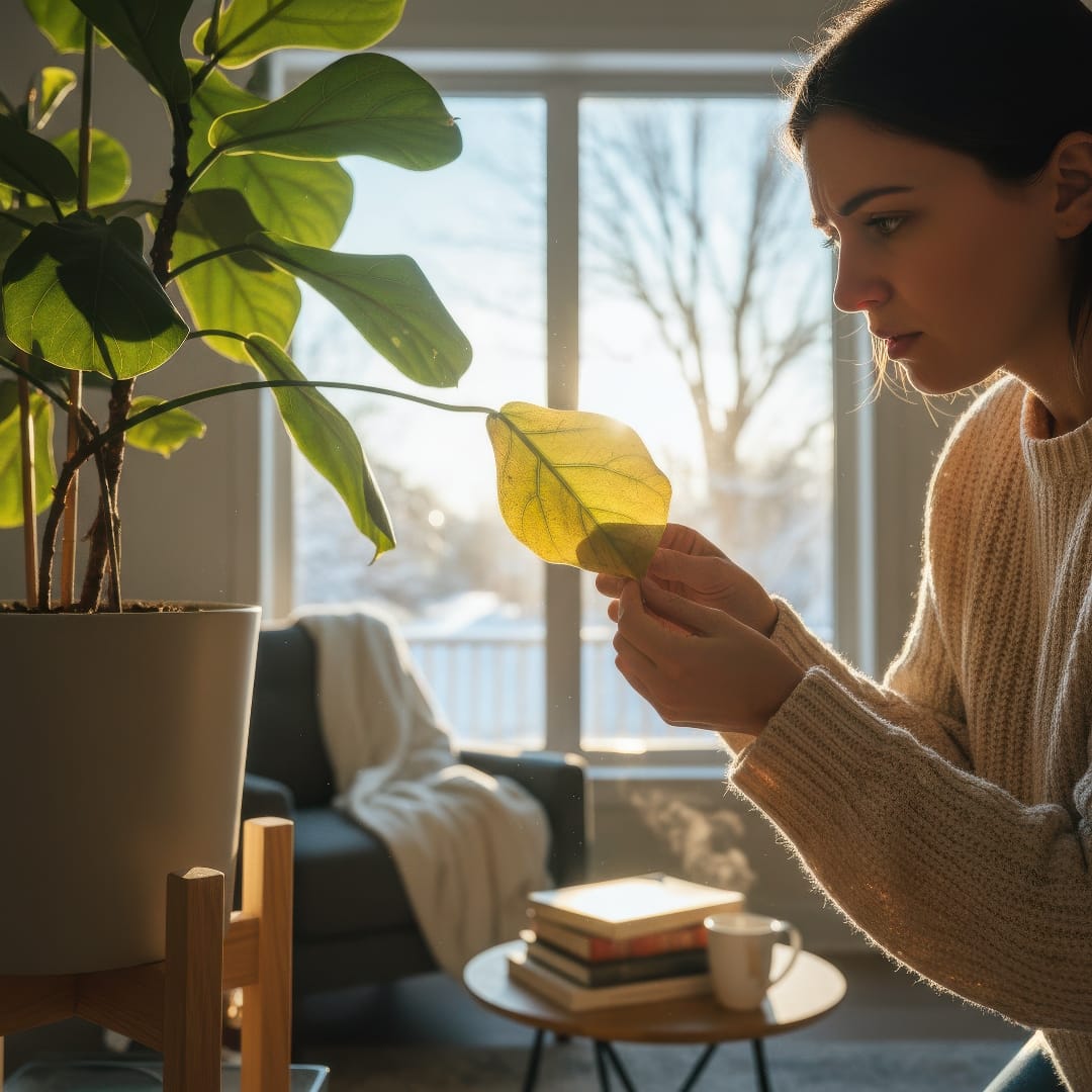 A person inspecting a yellowing houseplant leaf under soft winter light indoors.