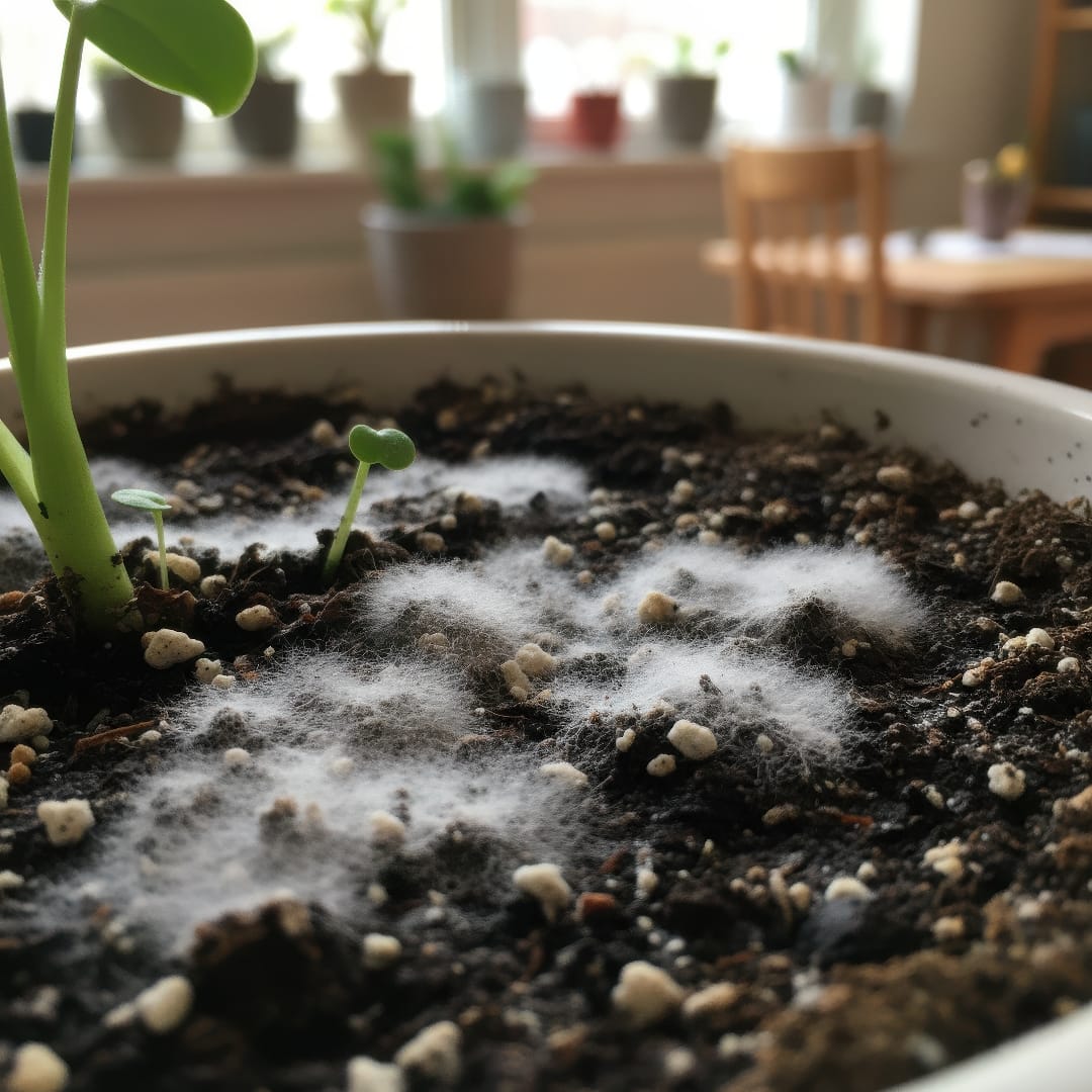Close-up of white fuzzy mold on the surface of potting soil in a houseplant pot.