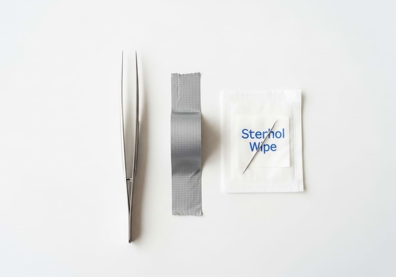 A flat lay of tools for removing cactus needles, including tweezers, tape, and an antiseptic wipe.