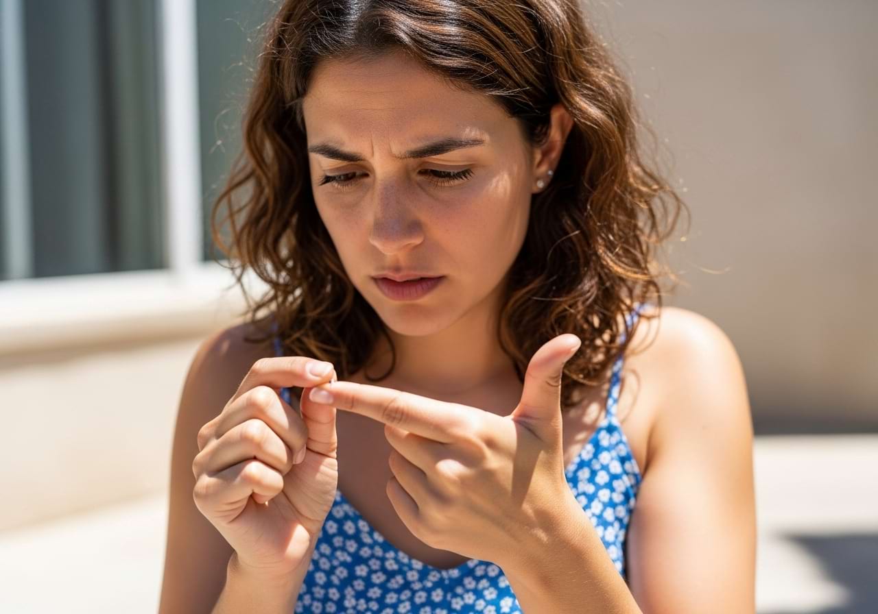 A person looking closely at their finger, trying to find a tiny embedded cactus glochid.