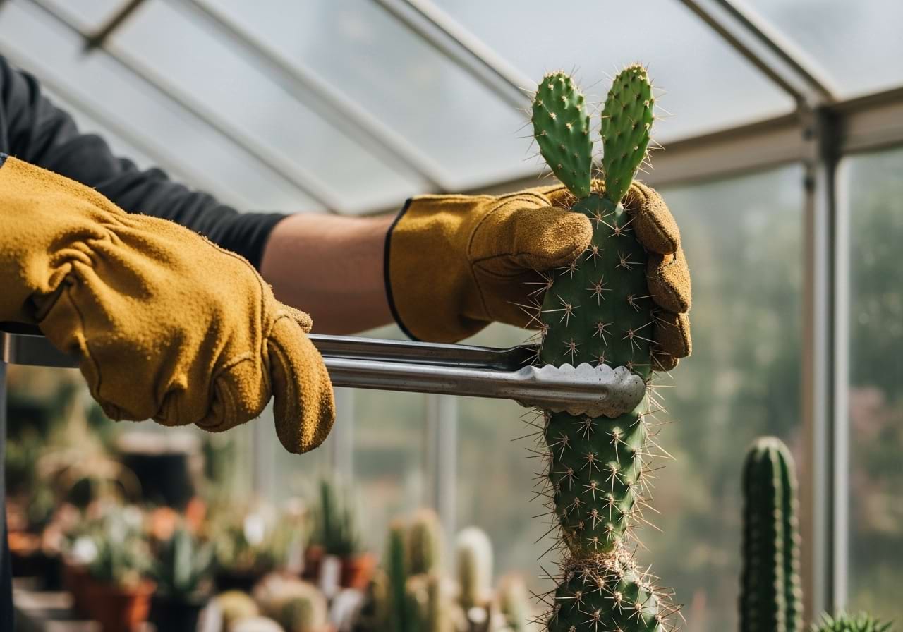 A person wearing thick leather gloves and using tongs to safely handle a spiky cactus.