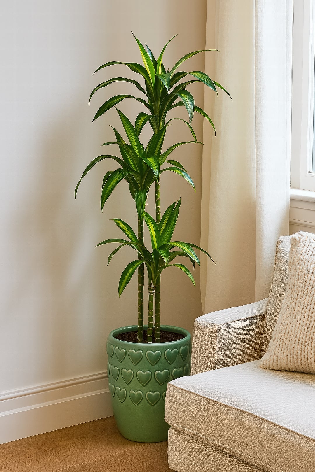 Dracaena 'Hawaiian Sunshine' showing dark green leaves with a bright lime-green center stripe.
