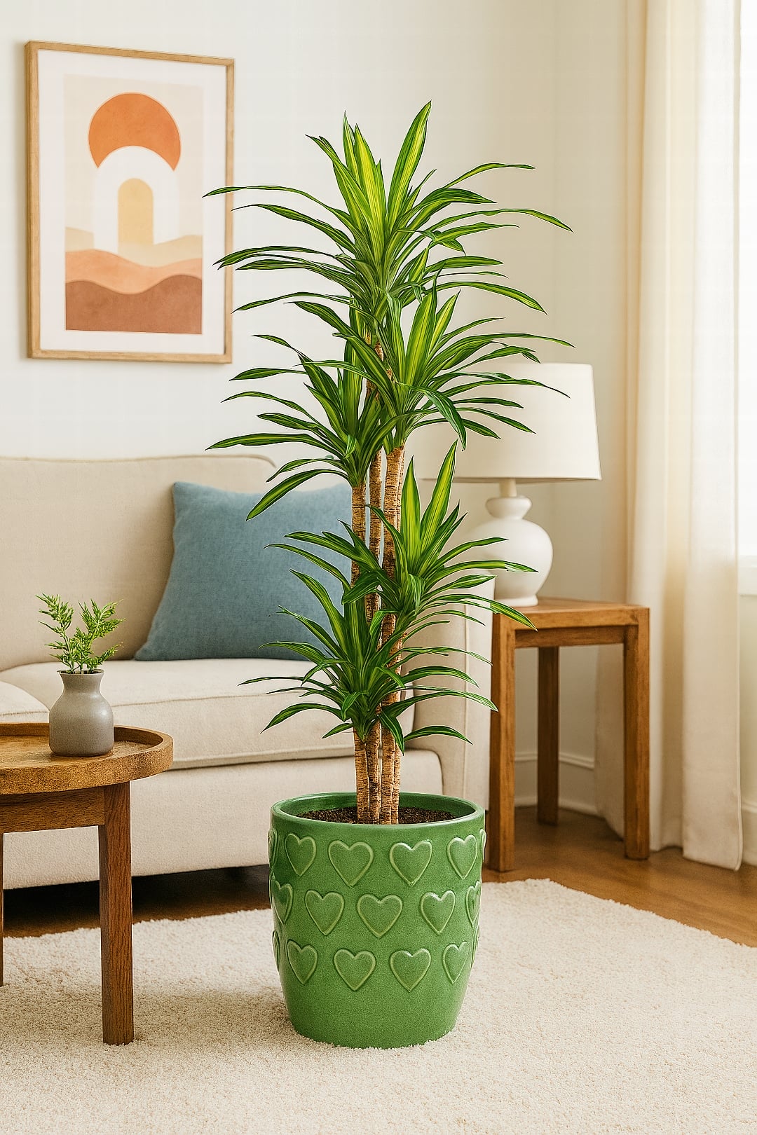 A Dracaena 'Rikki' with graceful, arching leaves and a yellow center stripe.