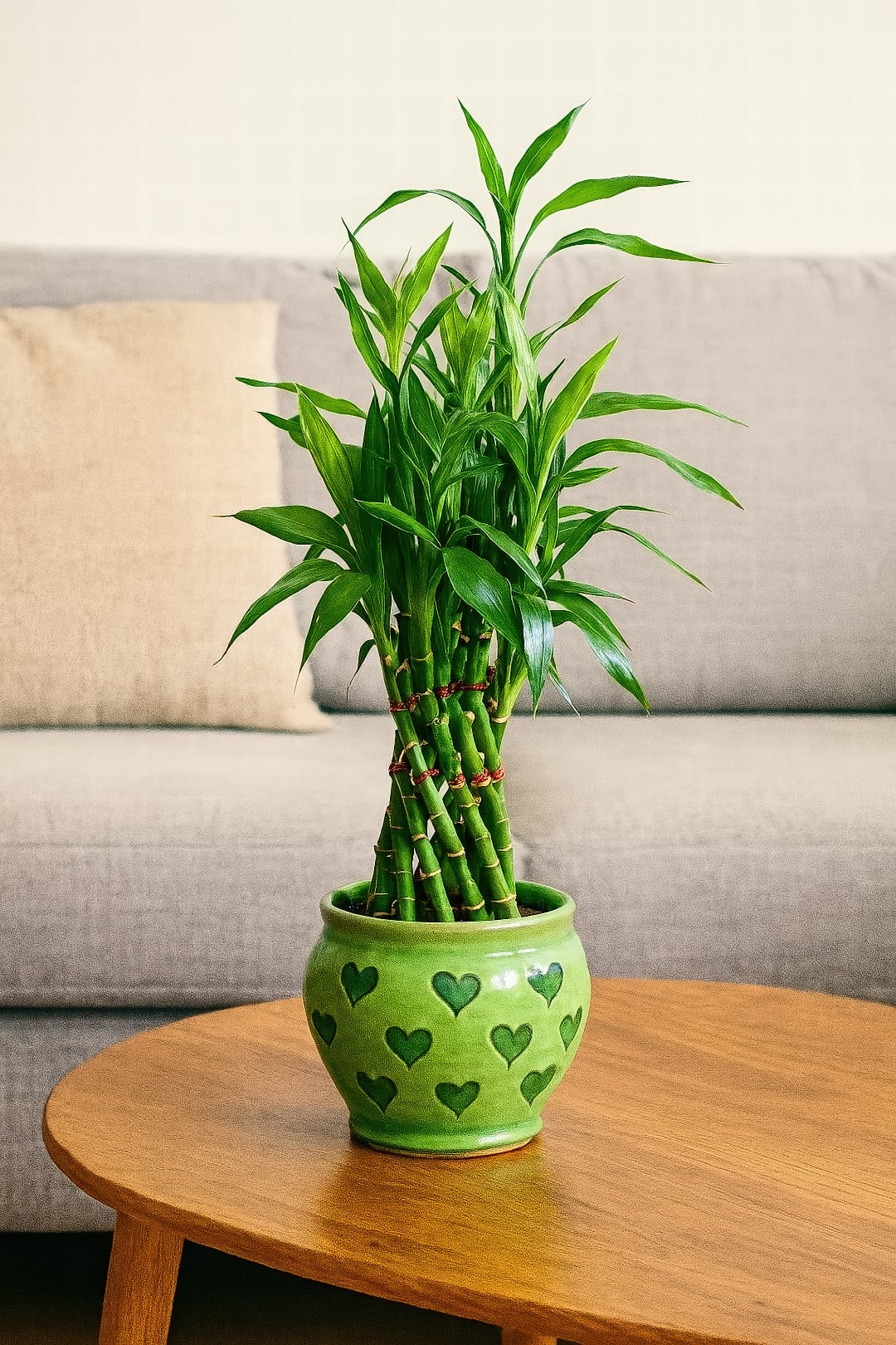 Stalks of Lucky Bamboo shaped into a spiral and growing in water.