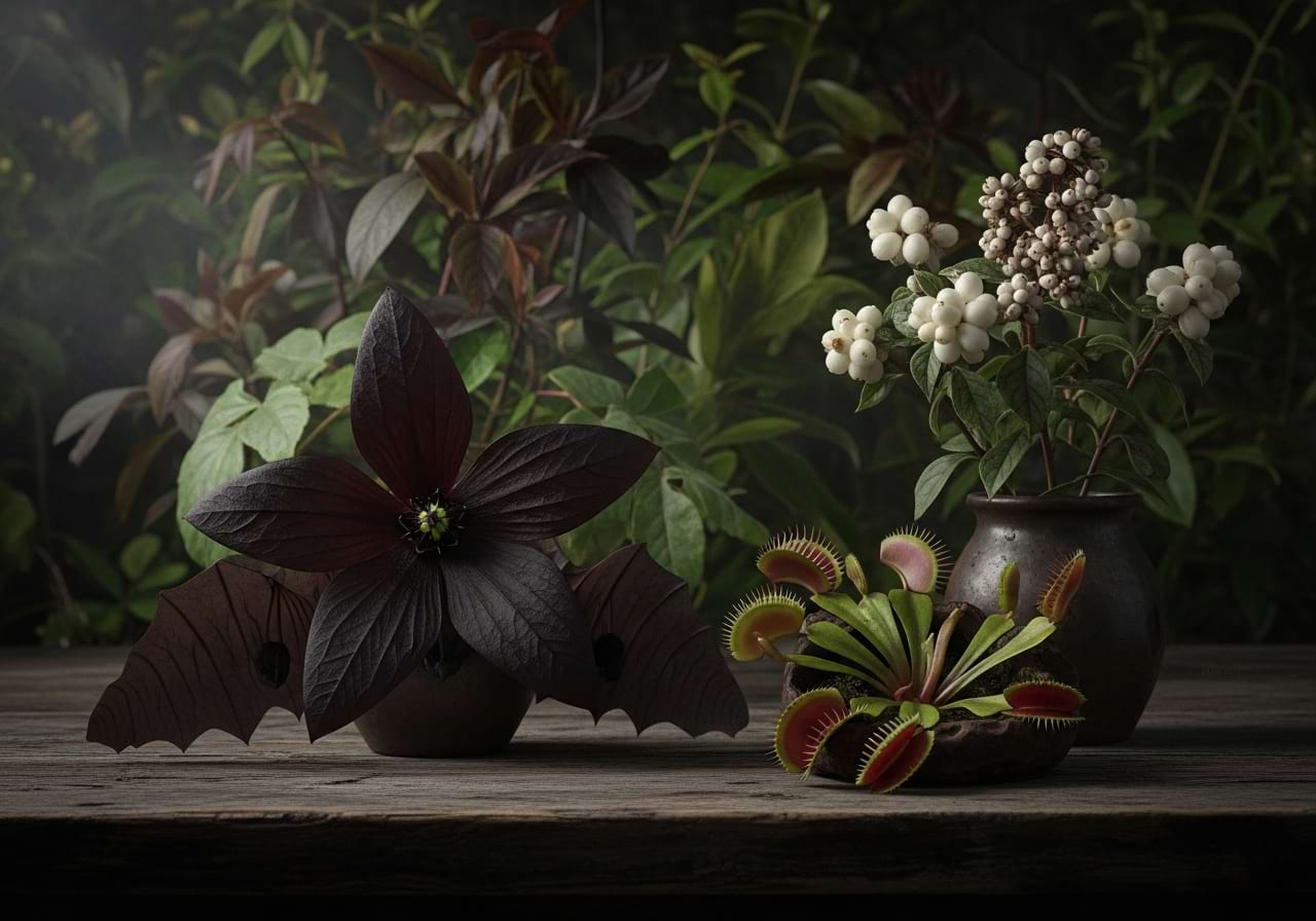A moody collection of spooky plants including a Venus Flytrap, a dark Bat Flower, and a Doll's Eye Plant.