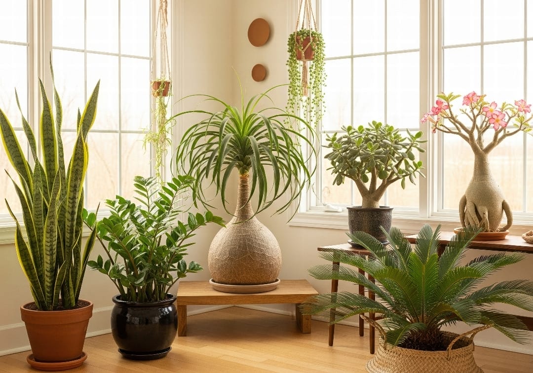 A bright collage of seven heat-loving houseplants, including a Snake Plant, ZZ Plant, and Ponytail Palm, thriving in sunny indoor spaces.