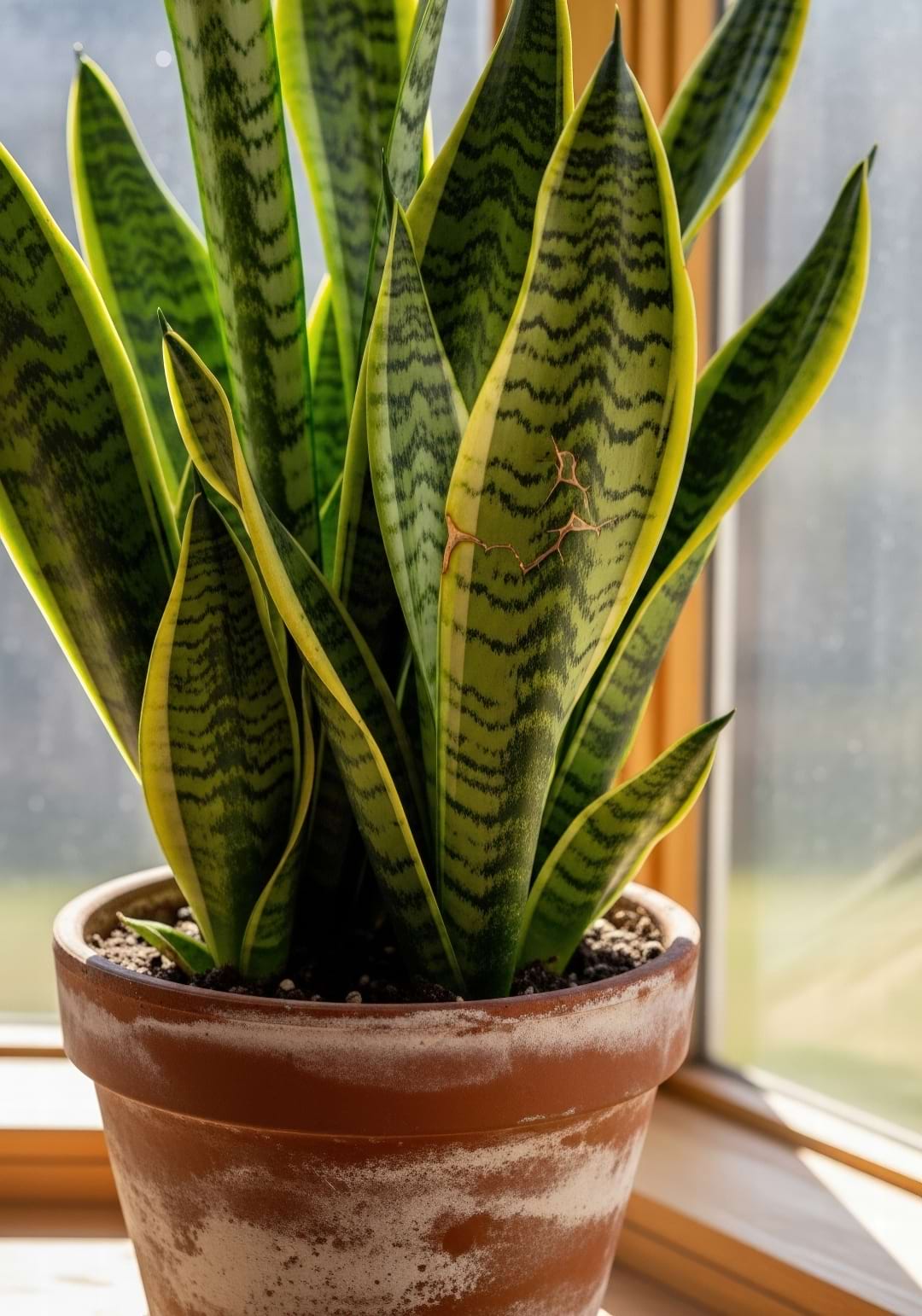 A tall Snake Plant with its signature striped leaves standing in a minimalist pot in a sunlit living room.