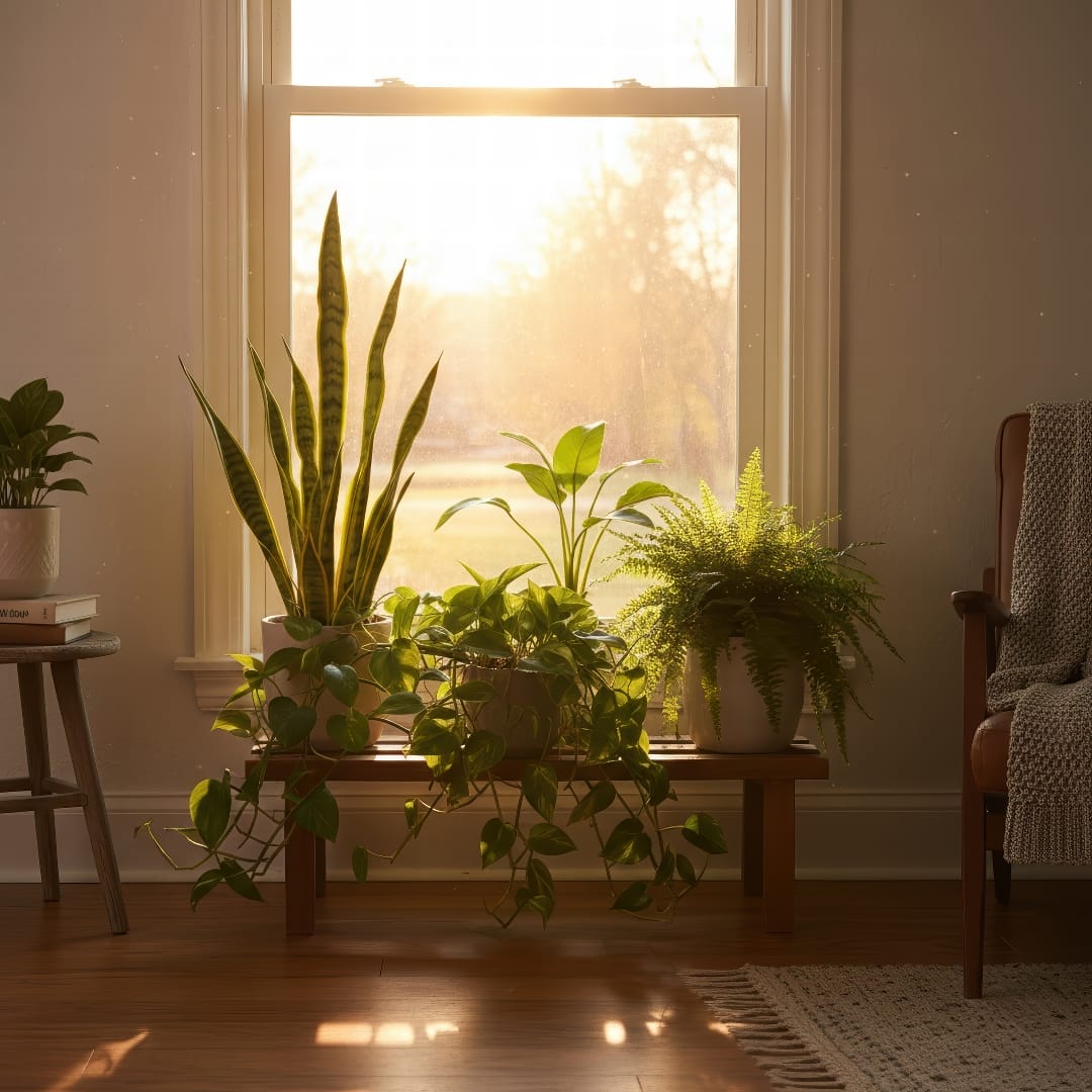 Several houseplants gathered near a large window, soaking up the soft, low-angled light of an autumn afternoon.