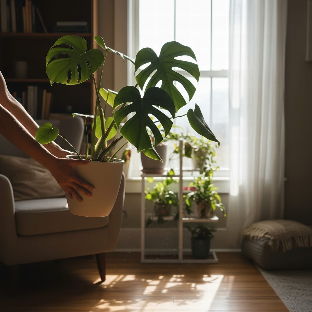 A person moving a potted monstera from a dim corner closer to a bright, sunlit window.