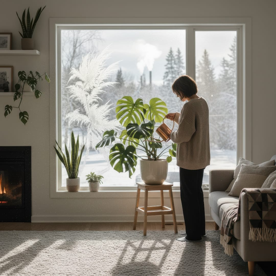 A person carefully watering a potted monstera near a bright window on a chilly winter morning.
