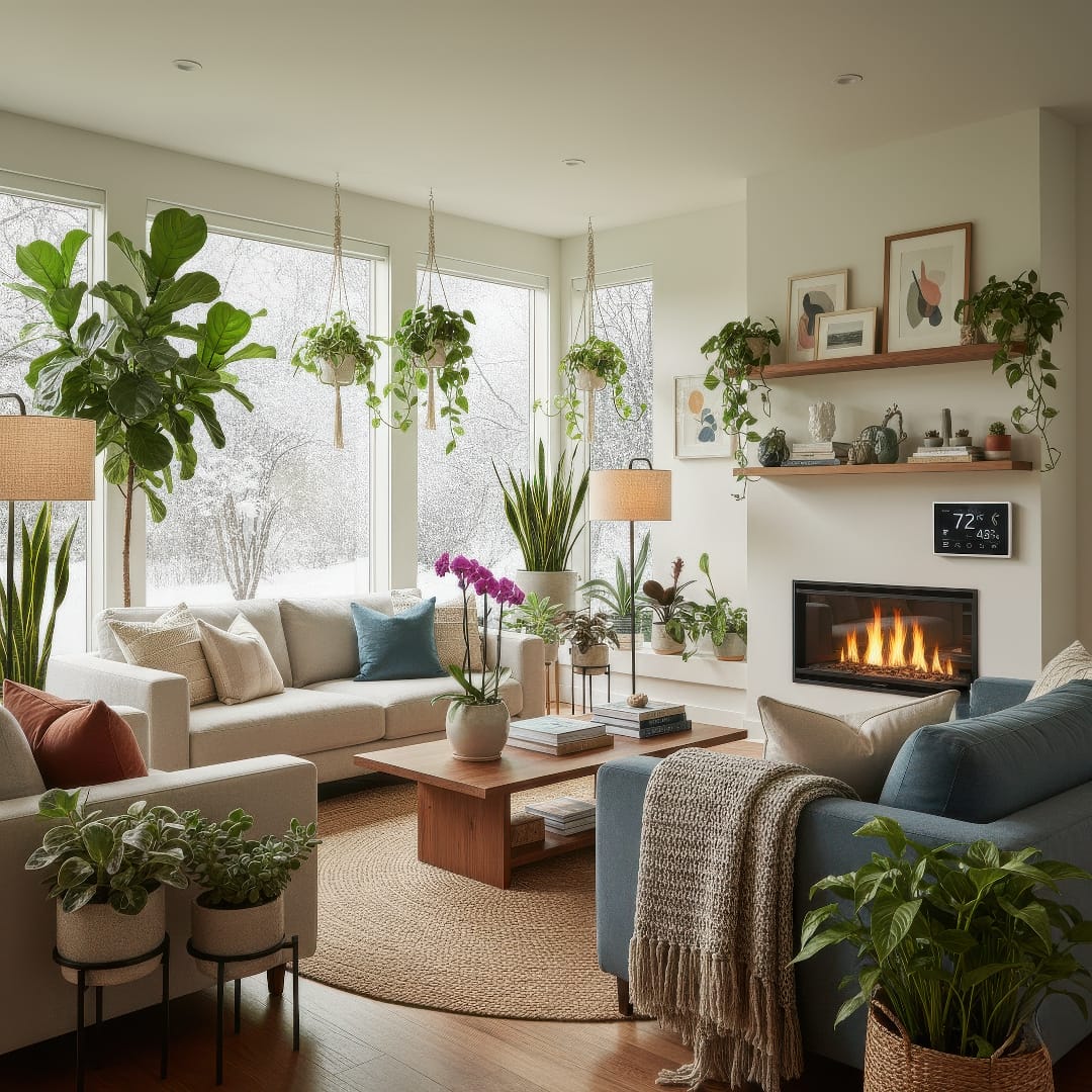A bright, comfortable living room with houseplants thriving in balanced winter light and temperature.