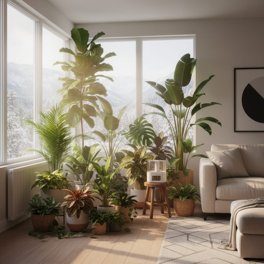 A cluster of tropical plants in a bright winter living room creating a warmer microclimate.