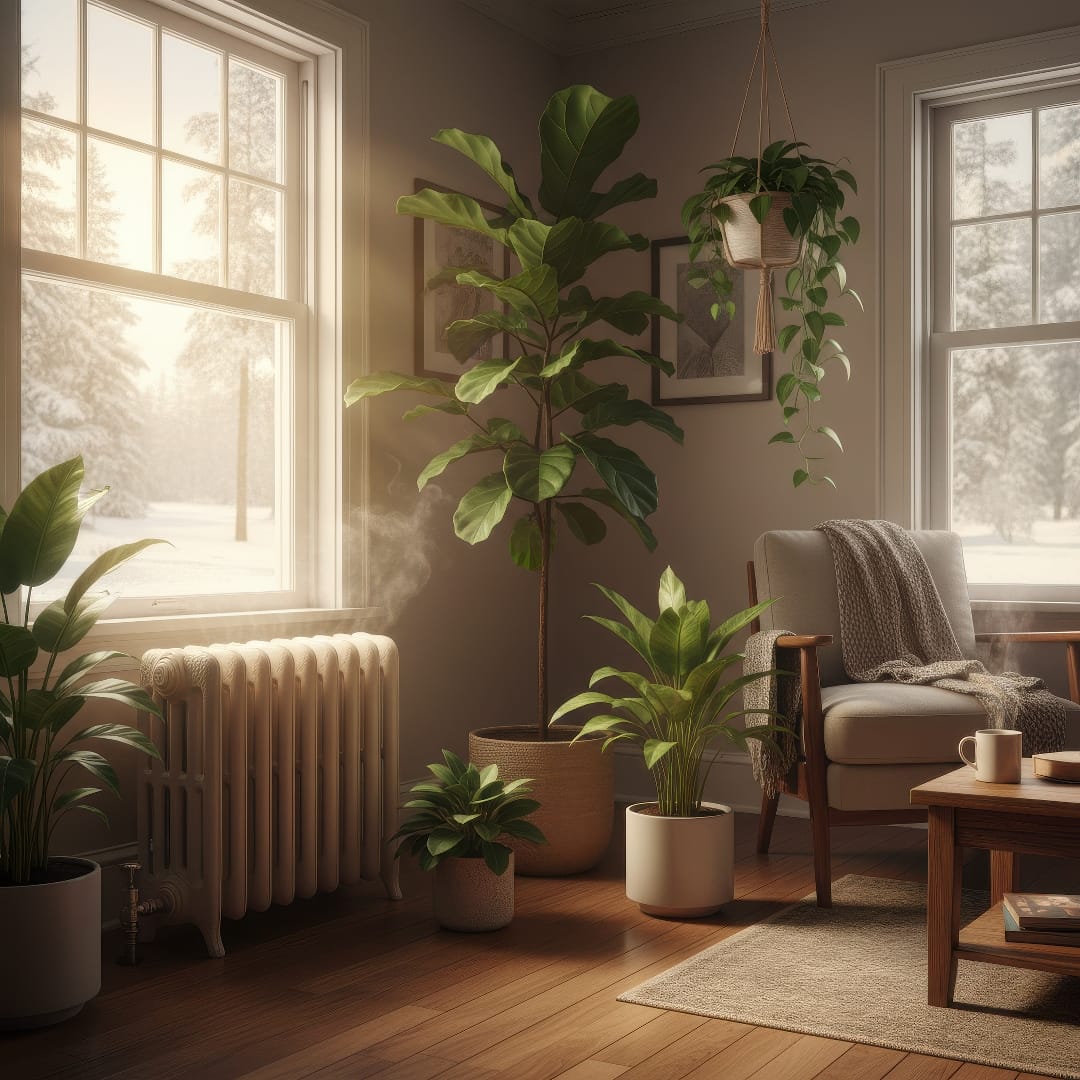 Potted houseplants positioned safely a few feet away from a warm radiator.