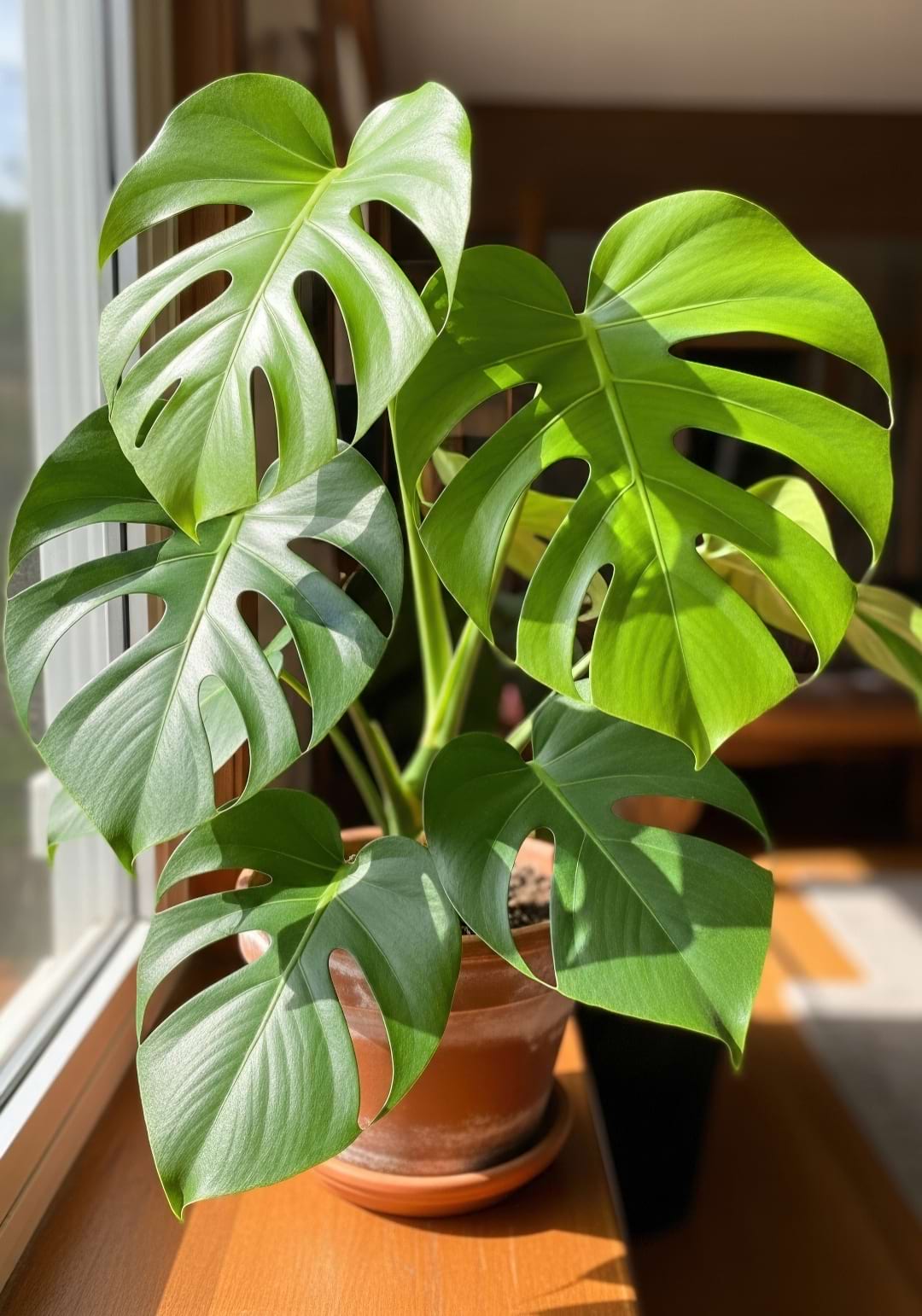 A large, healthy Monstera deliciosa with its iconic split leaves (fenestrations) in a bright room.