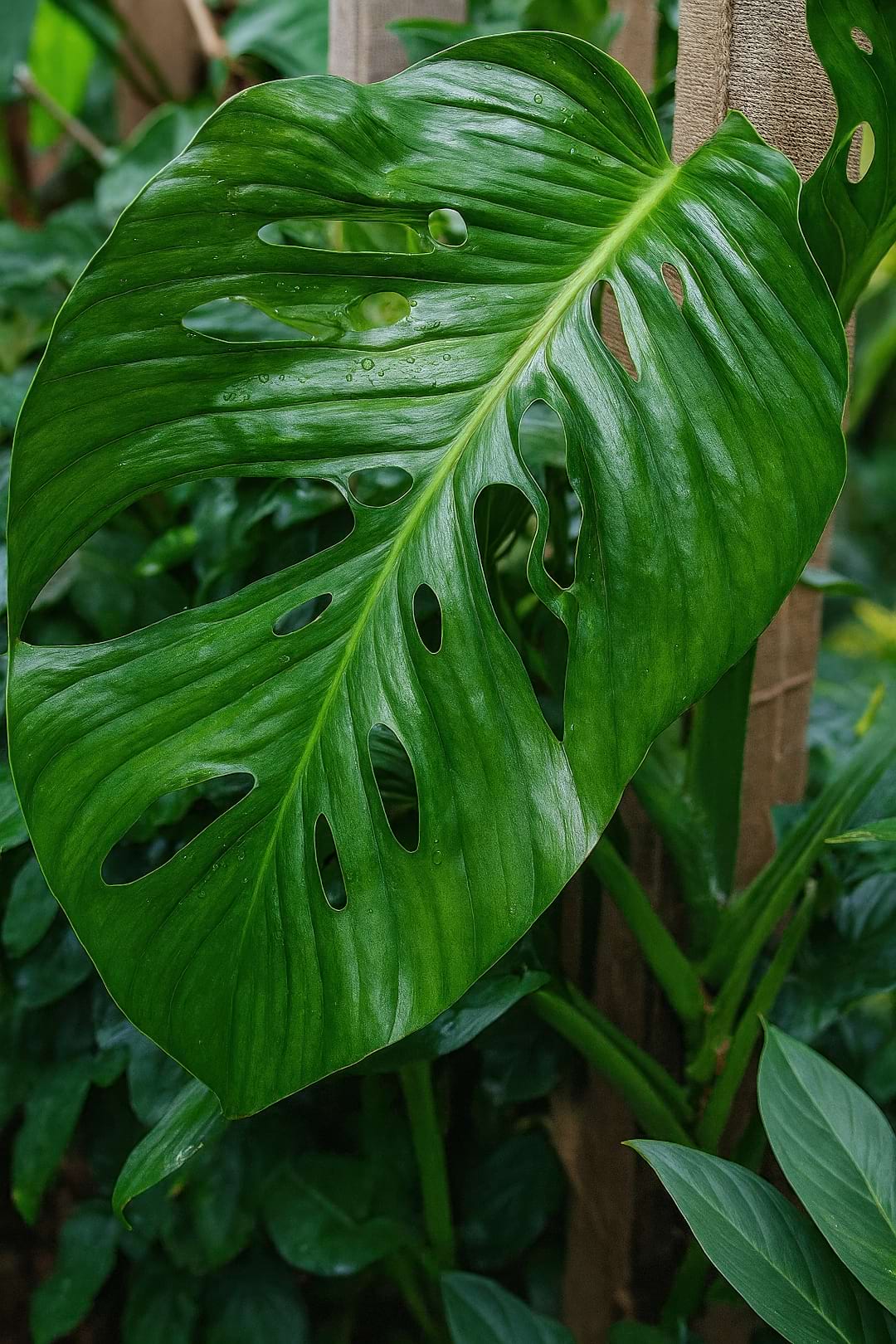 A mature Monstera lechleriana leaf displaying its distinctive, neat circular holes on either side of the midrib.