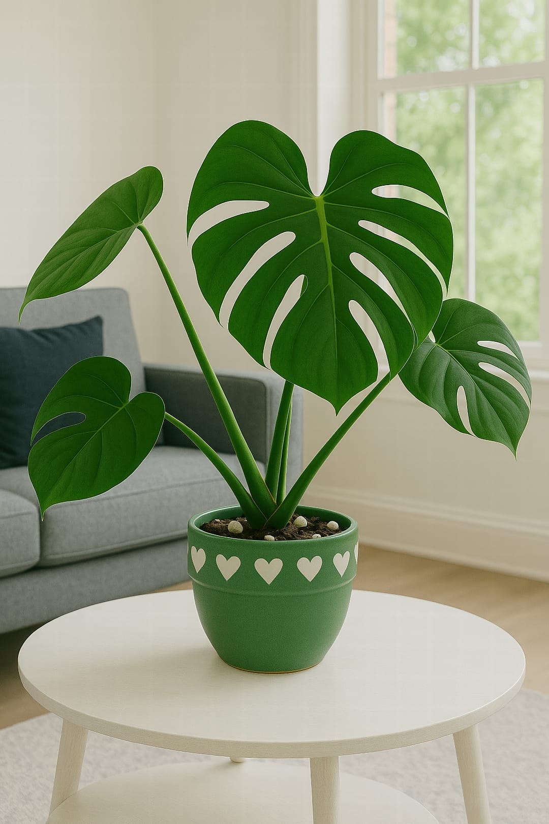 A Monstera Deliciosa in a modern living room with large windows and bright light.