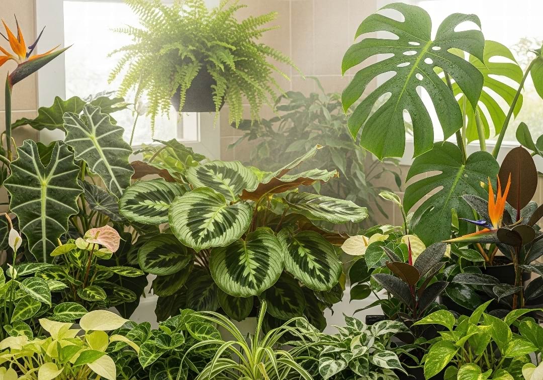A collection of lush, green humidity-loving plants like Calathea, Boston Fern, and Alocasia in a bright, steamy bathroom setting.