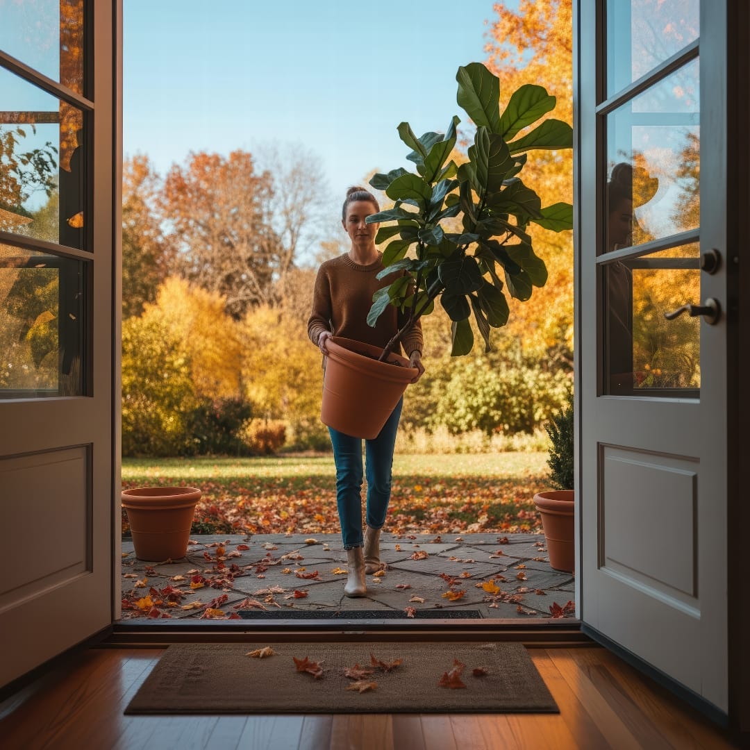 A person carrying a potted fiddle leaf fig from a patio into their home on a crisp autumn day.