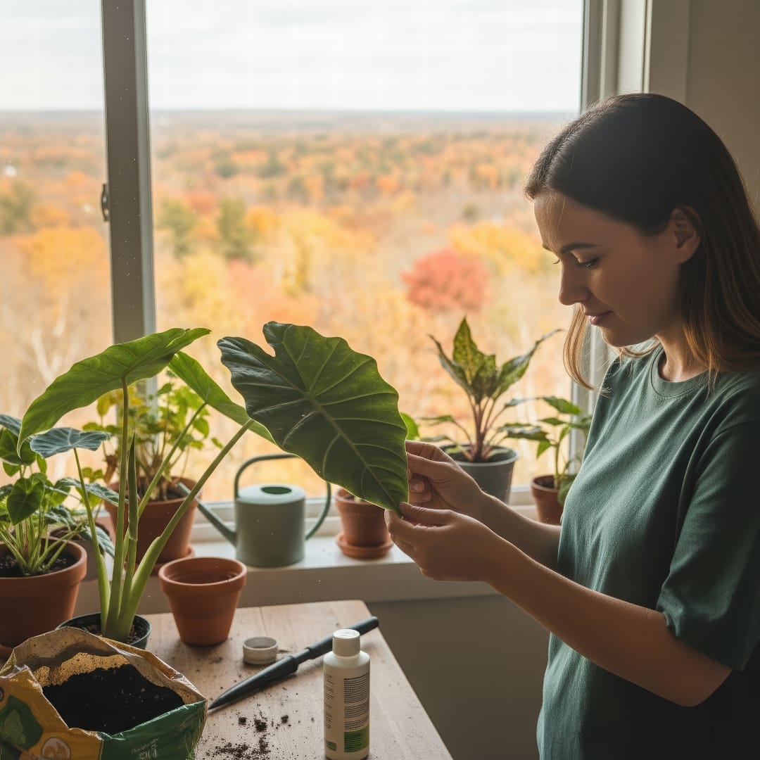 A person carefully inspecting the leaves of a houseplant in a sunlit room with an autumn view outside.