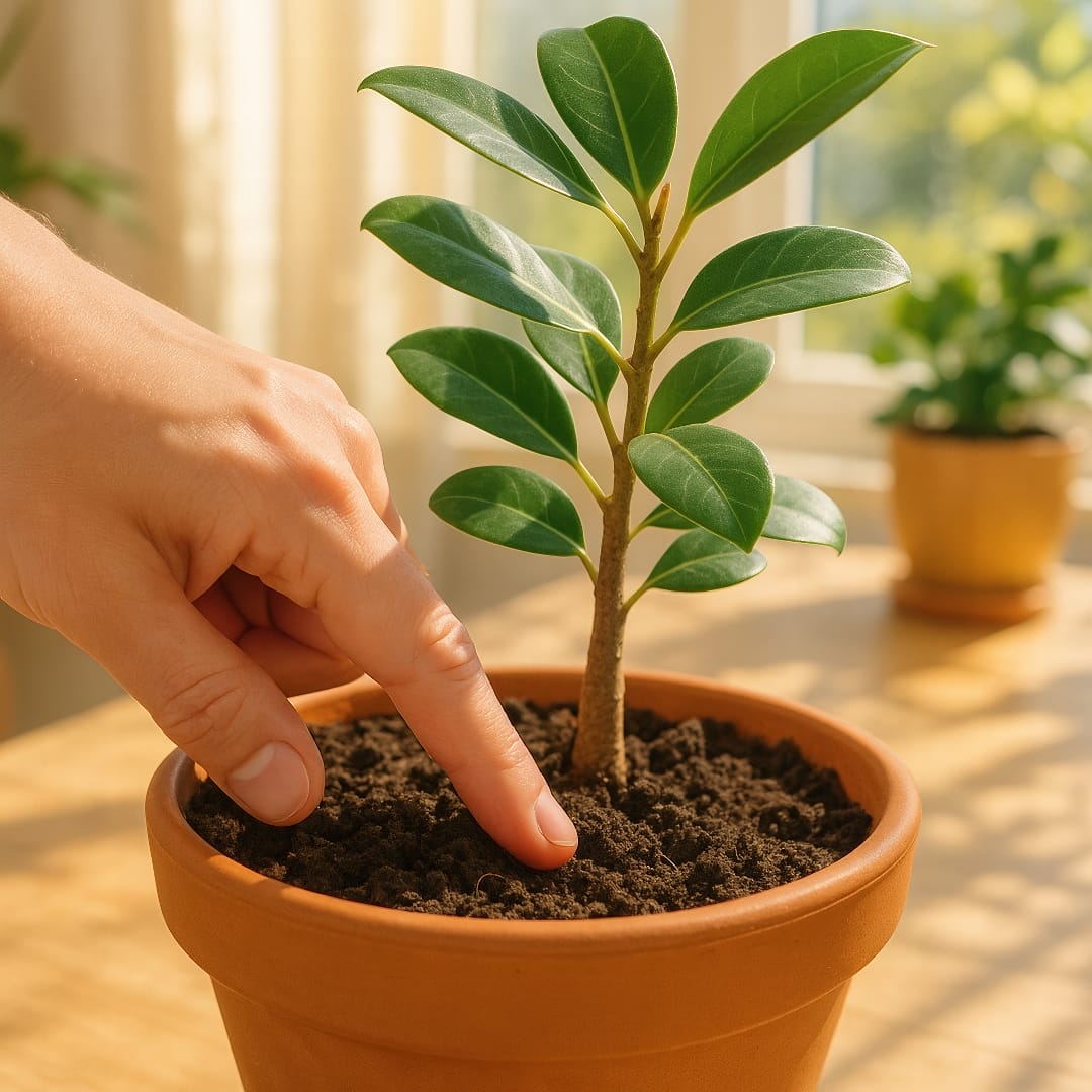 A person checking soil moisture with their finger