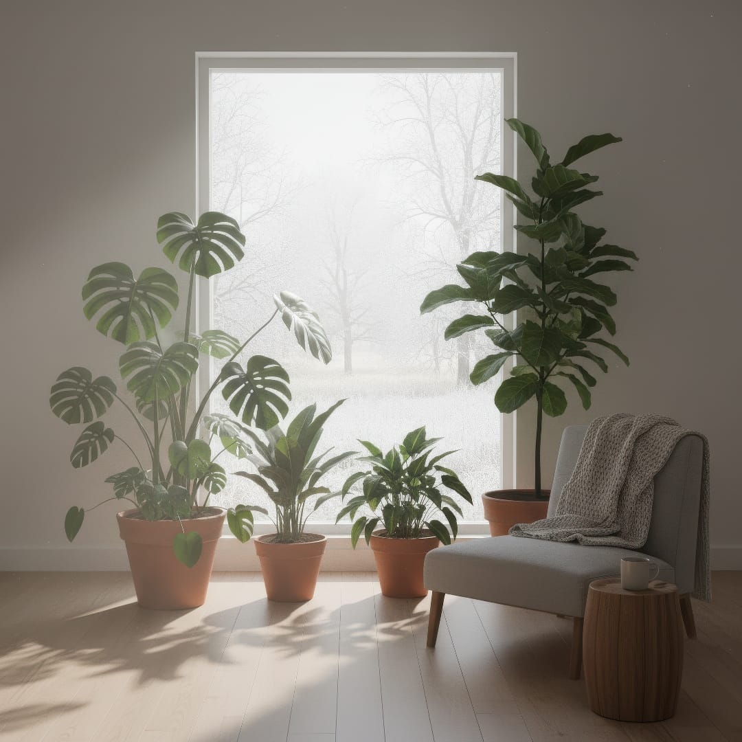 Houseplants soaking up weak winter sunlight near a clean window.