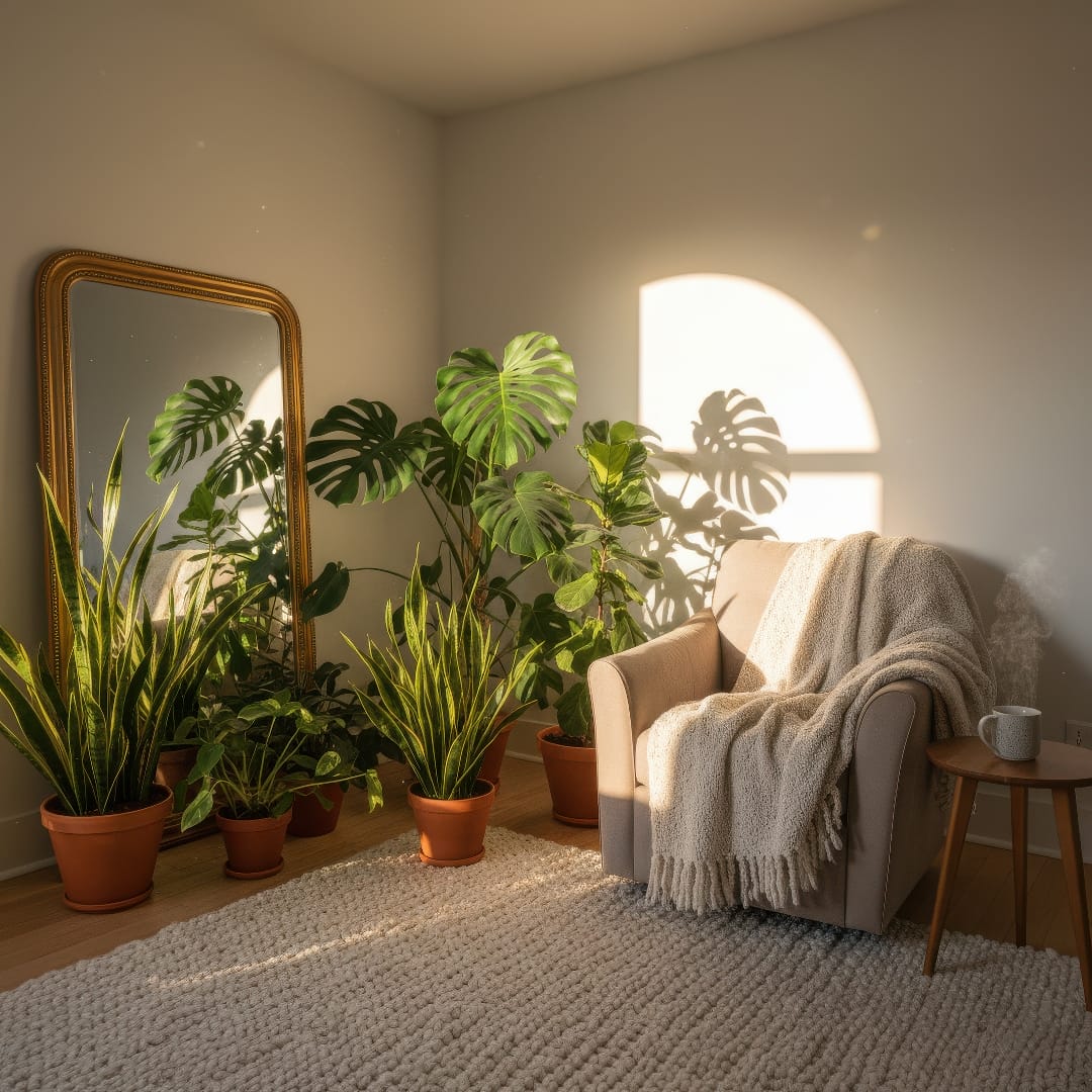 Houseplants placed near a mirror reflecting extra light onto their leaves.