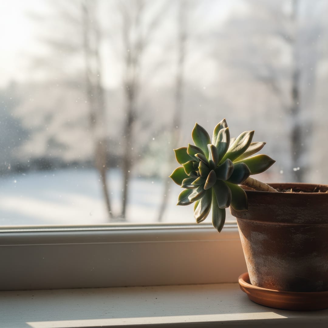 A succulent stretching toward light on a windowsill during winter.