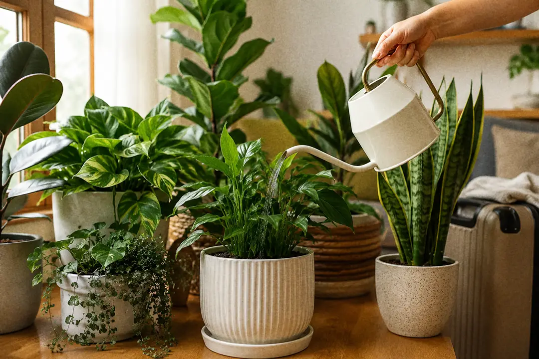 A watering can pouring into a houseplant grouped with others before a trip.